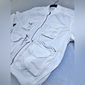 Johnny Was White Utility Bomber Jacket Size M Military Cargo Pocket Zip Front